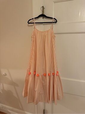 Sundress Peach Gingham Sundress with Pom Trim